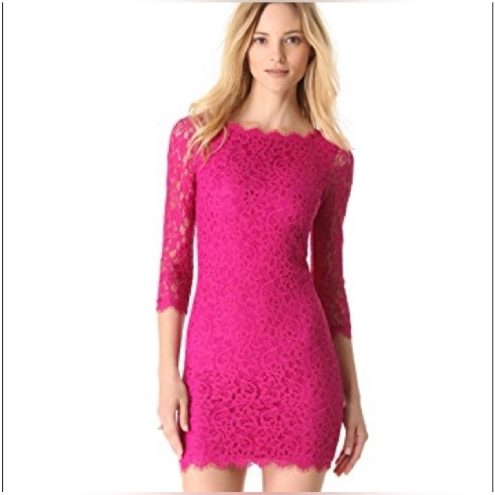 Diane von furstenberg hot pink zarita lace quarter sleeve mini dress